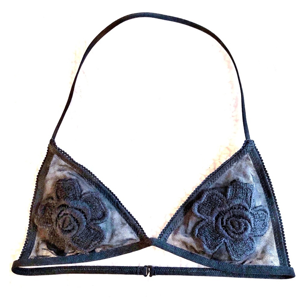 NWOT black mesh halter bralette w/ floral appliqué